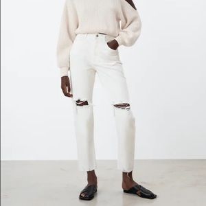 ZARA Straight Leg White Ripped Jeans